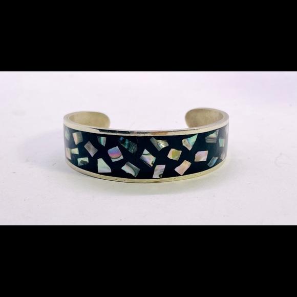 Vtg Abalone chip inlay “Alpaca Mexico” 5x3/4” silver cuff bracelet - Picture 1 of 5